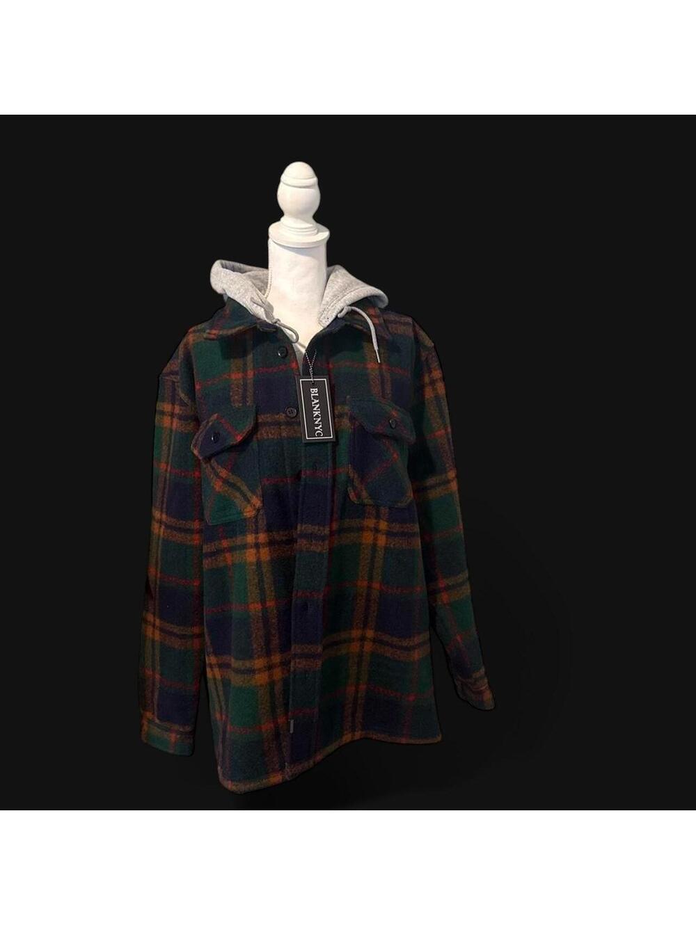 BLANK NYC Plaid Hooded Shacket XL Green Navy Red Tartan Button Front Jacket NWT